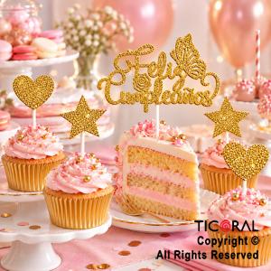 CAKE TOPPER FELIZ CUMPLEA�OS CON ESTRELLAS Y CORAZONES GIBRE ORO